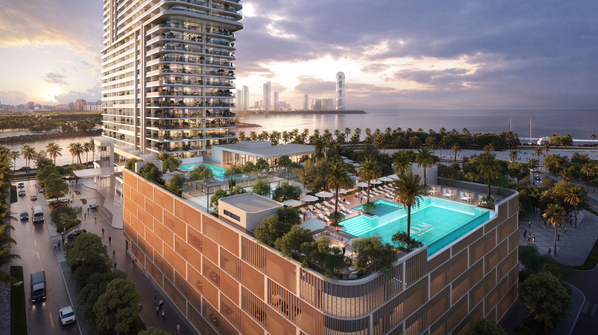 Piscine à débordement et beach club ONE PENINSULA Batumi by HOLM Developments — rooftop pool deck and podium amenities at dusk facing the Black Sea