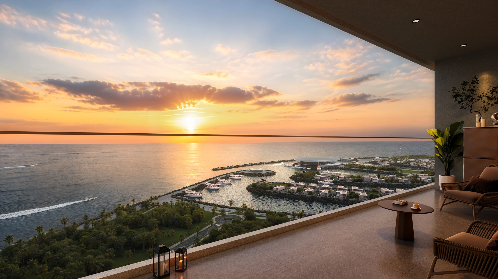 Terrasse privée avec vue sur le coucher du soleil ONE PENINSULA Batumi by HOLM Developments — private terrace at sunset overlooking the marina and the Black Sea in Batumi