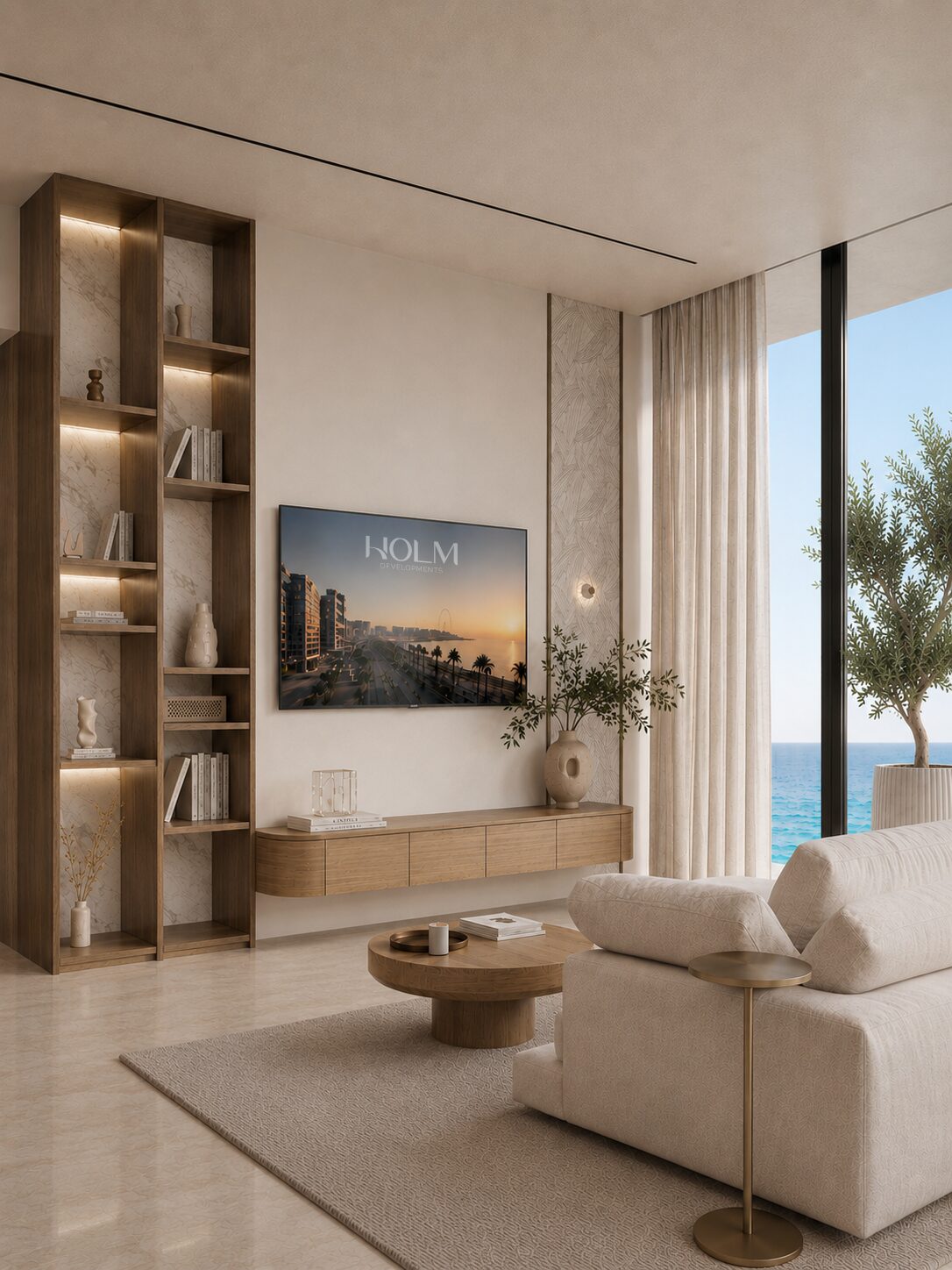 Séjour avec vue sur la mer ONE PENINSULA Batumi by HOLM Developments — living room of a furnished apartment with floor-to-ceiling windows opening onto the sea