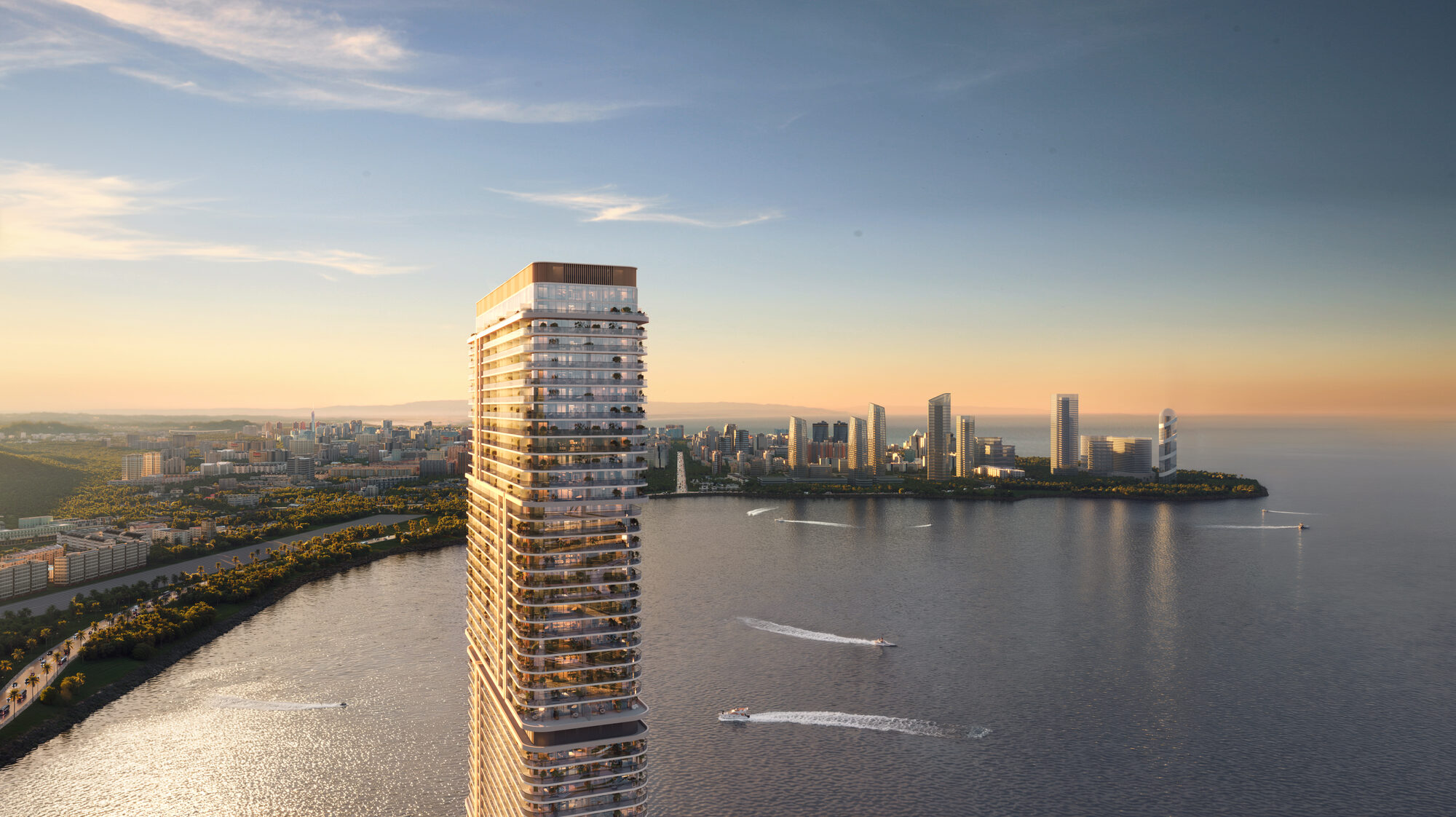 La tour vue de la mer au coucher du soleil ONE PENINSULA Batumi by HOLM Developments — the tower at sunset seen from the Black Sea with the Batumi coastline in the distance