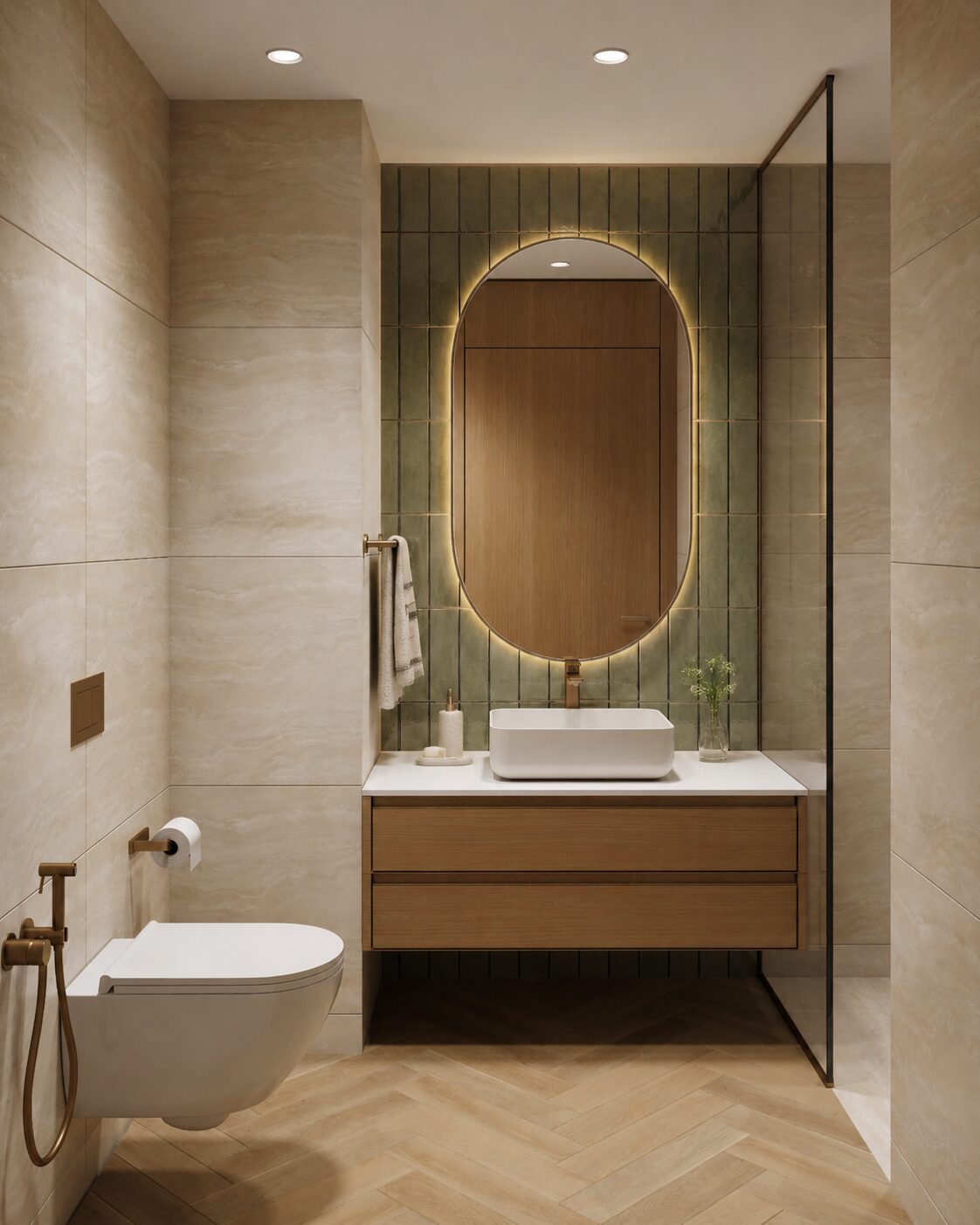 Salle de bain ONE PENINSULA Batumi by HOLM Developments — apartment bathroom with backlit mirror, marble vanity and herringbone flooring