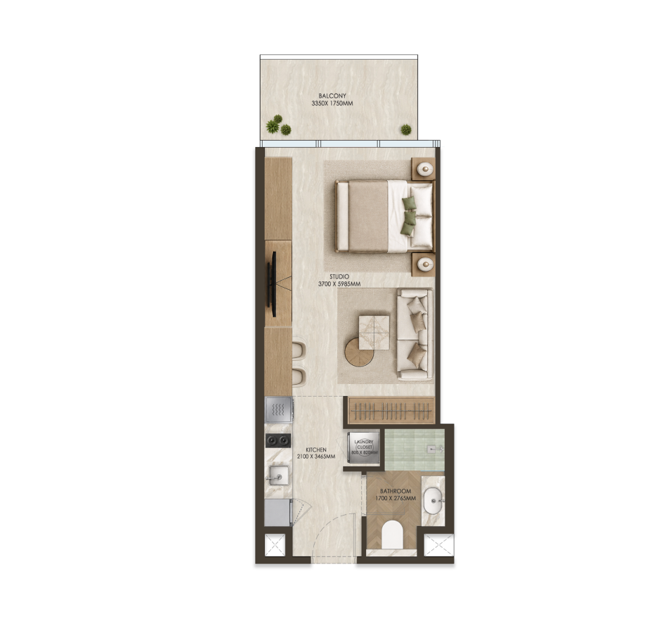 Studio — Type T1A · 39 m² (426 sq ft) ONE PENINSULA Batumi by HOLM Developments — furnished studio floor plan with balcony, kitchen, living and sleeping area