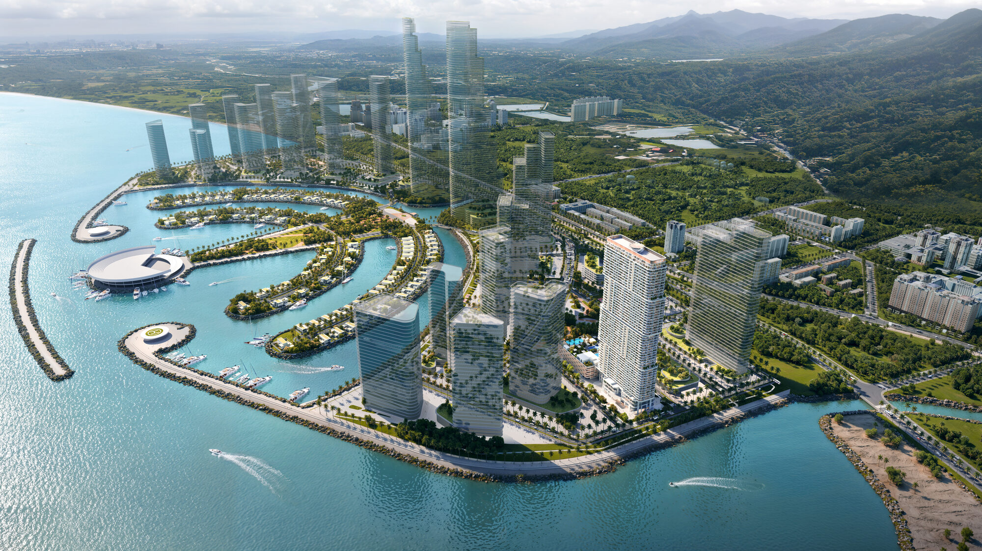 Masterplan et marina de Ambassadori Island ONE PENINSULA Batumi by HOLM Developments — aerial view of Ambassadori Island, its marina, lagoon and beachfront towers in Batumi