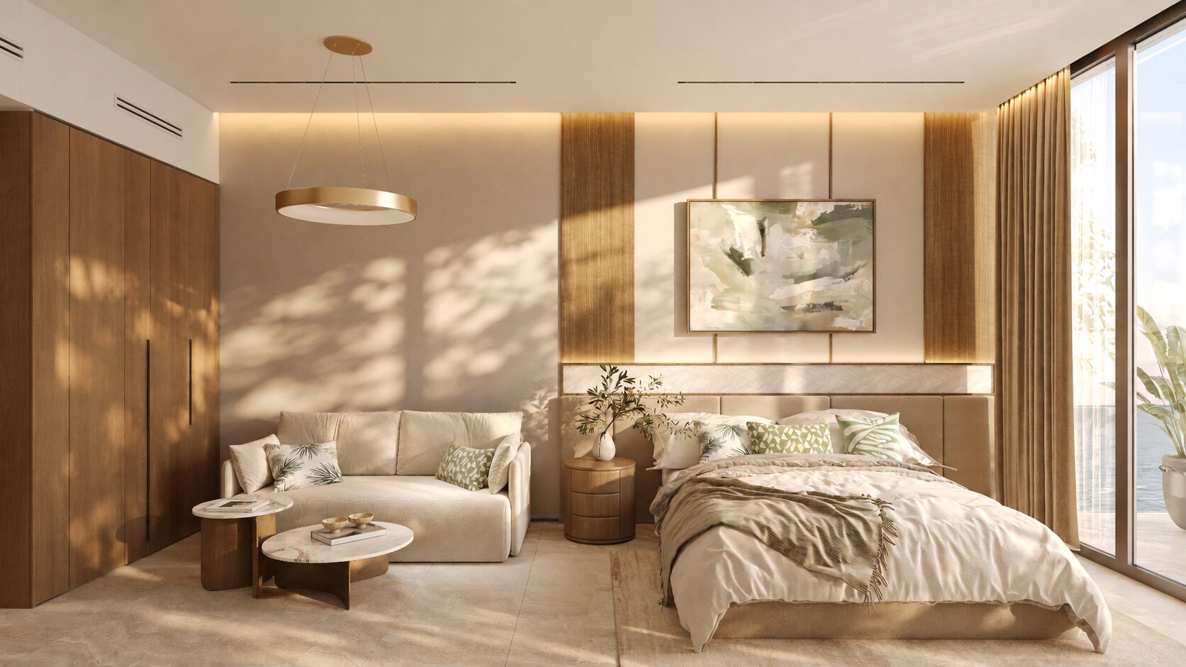 Studio moderne, confortable et spacieux ONE PENINSULA Batumi by HOLM Developments — bedroom suite of a furnished apartment with natural light and a lounge corner