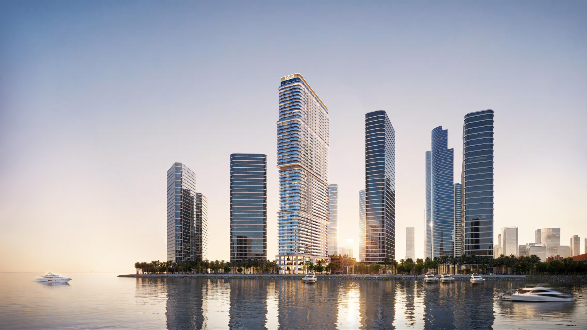La skyline depuis la mer ONE PENINSULA Batumi by HOLM Developments — Ambassadori Island skyline seen from the water with the full tower cluster