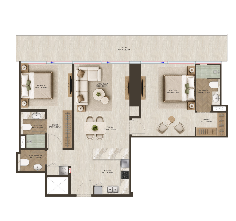 2 chambres — Type 01 · 91.54 m² ONE PENINSULA Batumi by HOLM Developments — furnished 2-bedroom apartment floor plan with panoramic balcony and two bathrooms