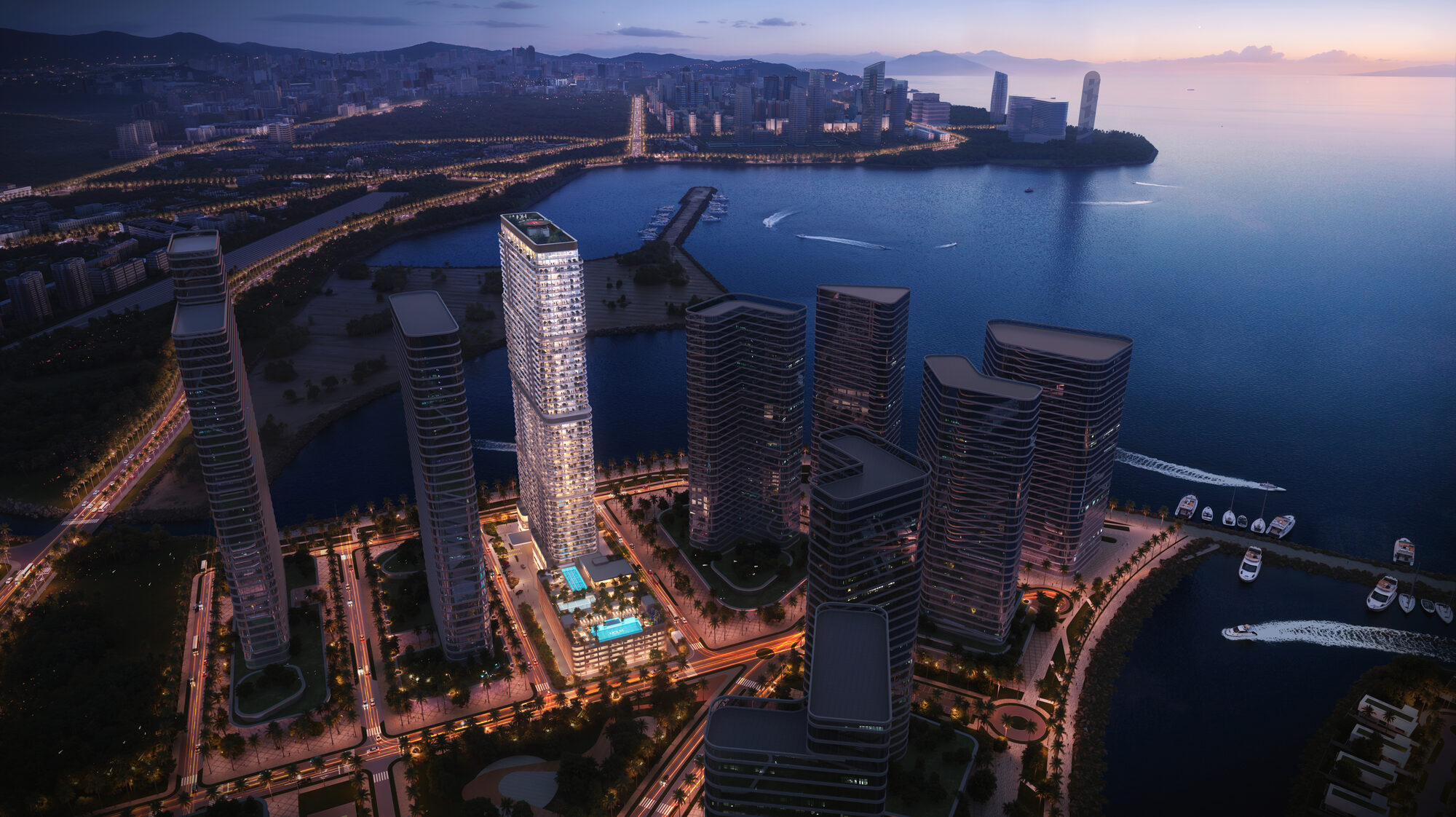 Vue aérienne de Ambassadori Island la nuit ONE PENINSULA Batumi by HOLM Developments — night aerial view of the Ambassadori Island skyline lit up along the Batumi seafront