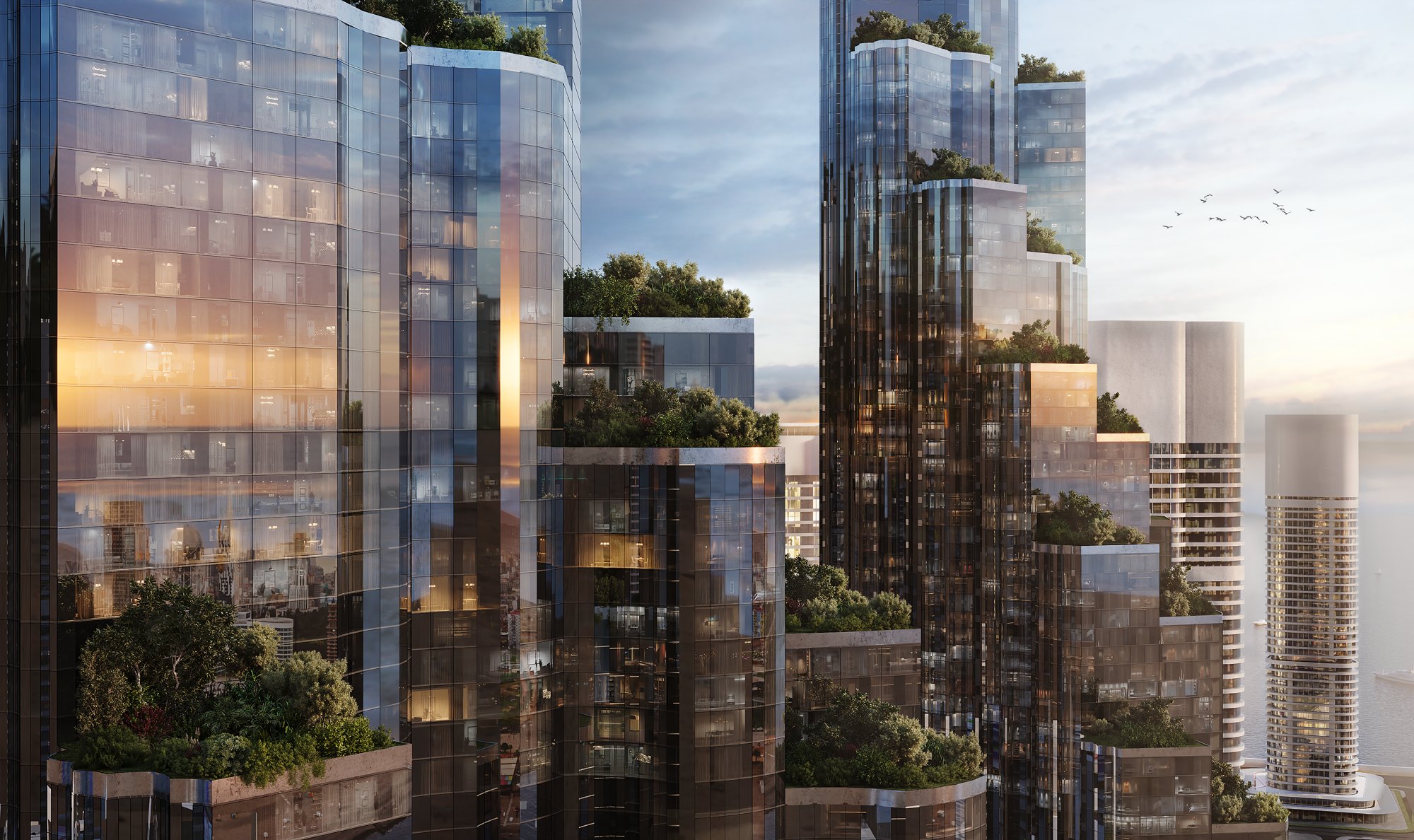 Ambassadori Island Batumi — sunset over the island lagoon, the island district of ONE PENINSULA by HOLM Developments