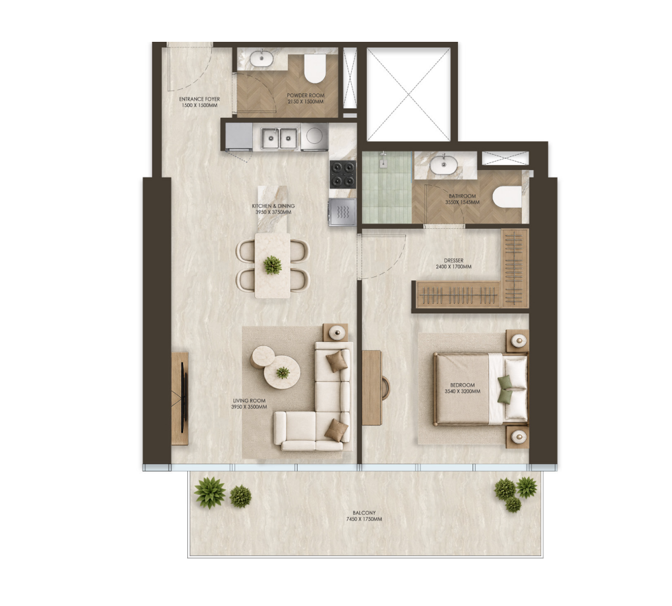 1 chambre — Type 01 · 56.5 m² ONE PENINSULA Batumi by HOLM Developments — furnished 1-bedroom apartment floor plan with balcony, open kitchen and dressing room