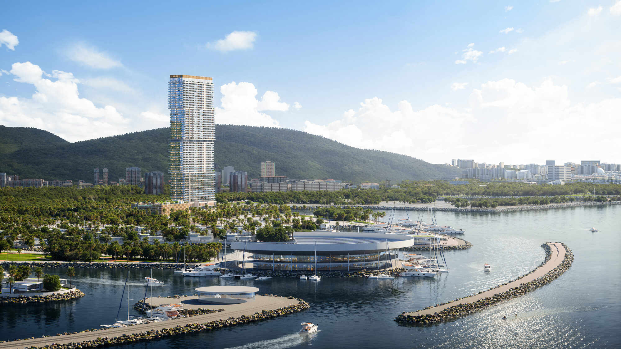 La tour surplombant la marina ONE PENINSULA Batumi by HOLM Developments — the residential tower above the yacht marina with the Caucasus mountains behind Batumi