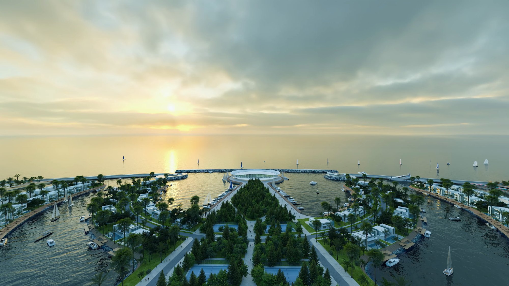 Ambassadori Island Batumi — island view at golden hour, the island district of ONE PENINSULA by HOLM Developments
