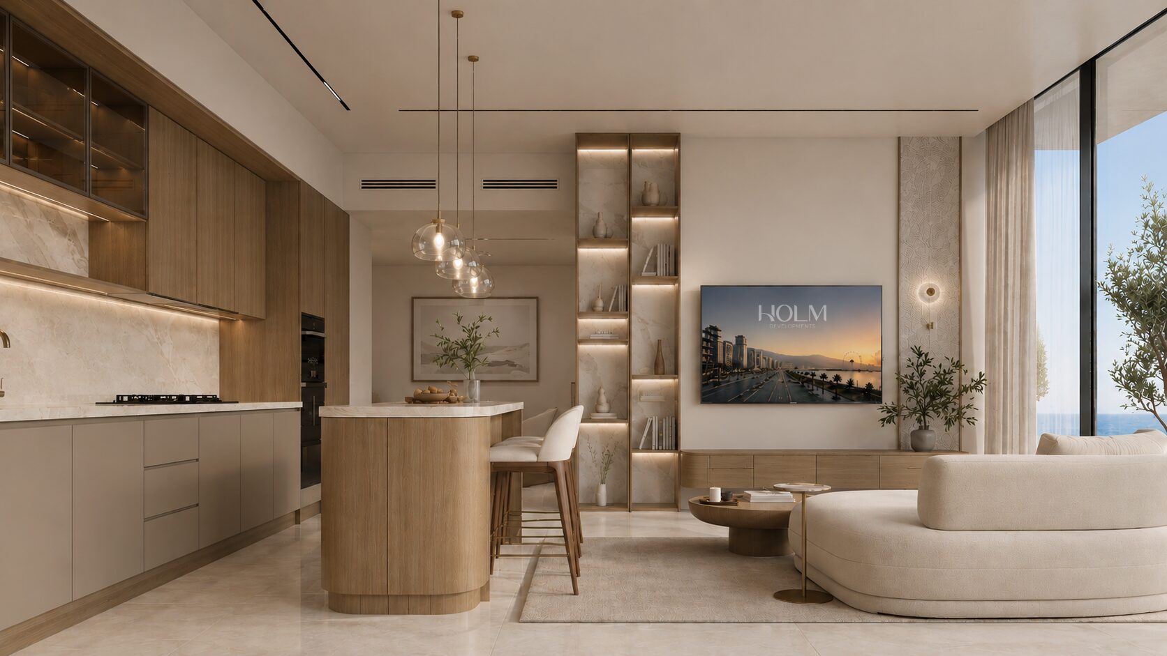 Appartements livrés meublés et équipés ONE PENINSULA Batumi by HOLM Developments — furnished apartment interior with open kitchen, island and living area in warm oak tones