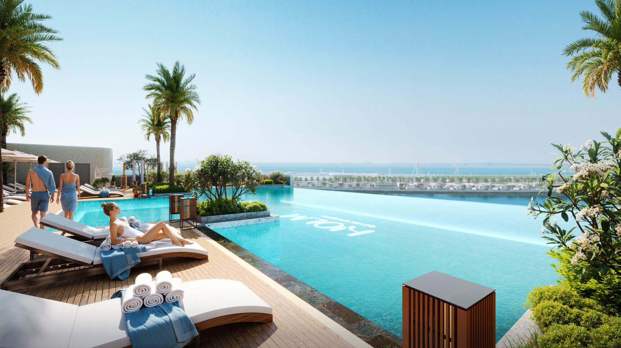 Piscine à débordement face à la mer ONE PENINSULA Batumi by HOLM Developments — infinity pool facing the Black Sea with sun loungers and palm trees
