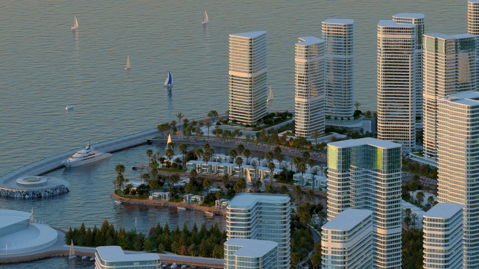 Ambassadori Island Batumi — night view of the illuminated island, the island district of ONE PENINSULA by HOLM Developments