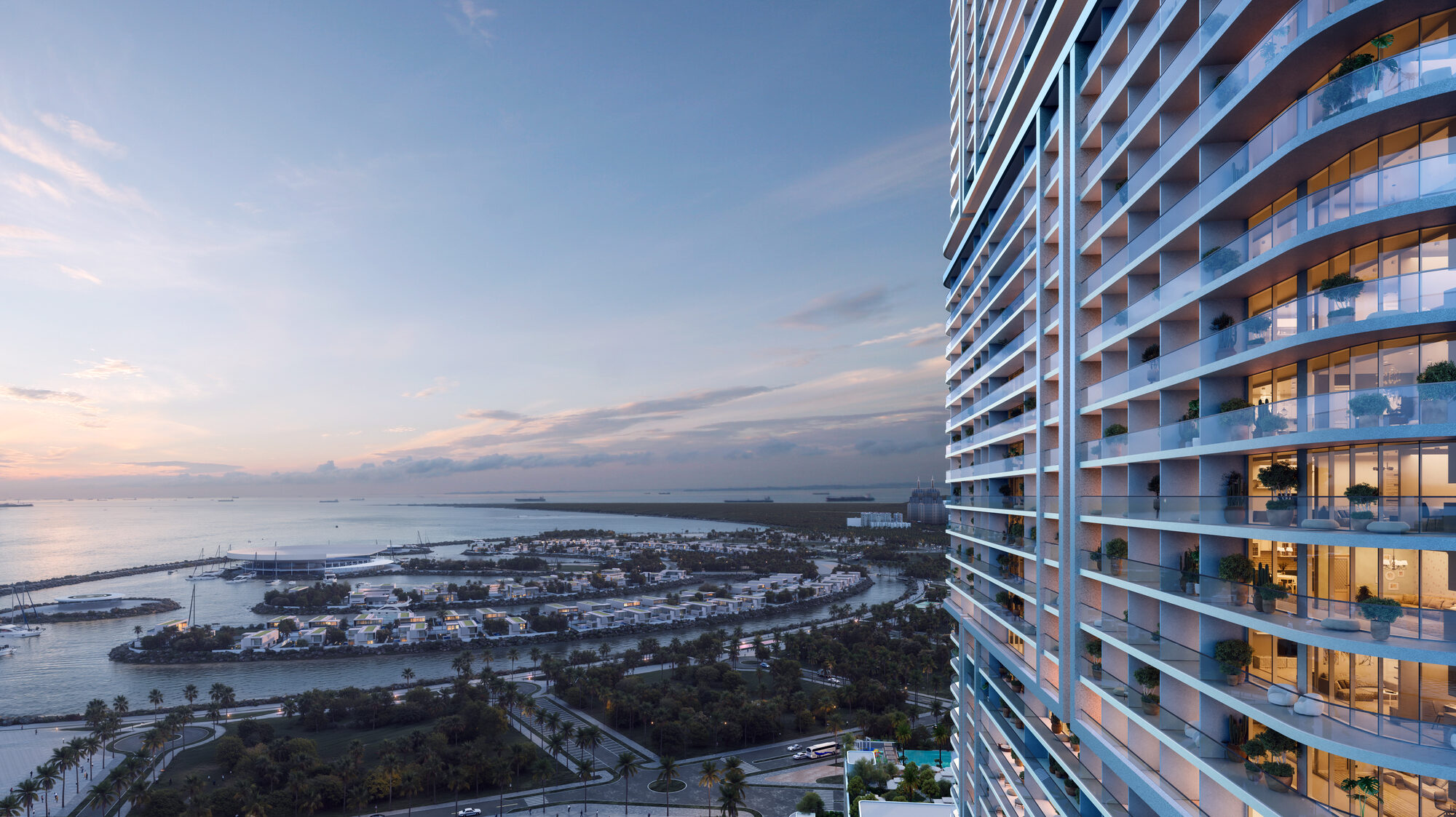 Façade moderne et design ONE PENINSULA Batumi by HOLM Developments — curved balcony facade of the residences with a panoramic view over the marina